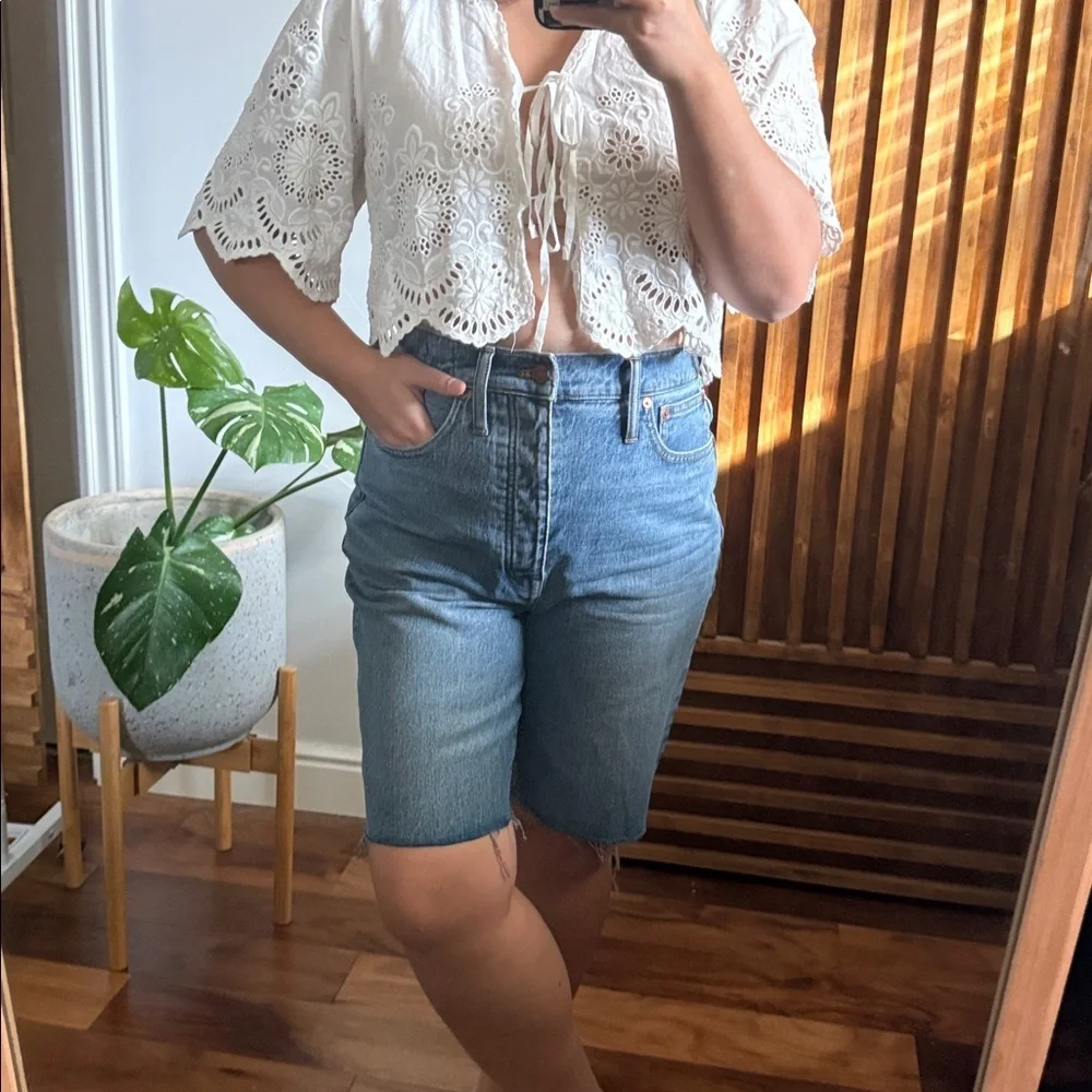 MADEWELL High-Rise Long Denim Shorts in Brightwood Wash